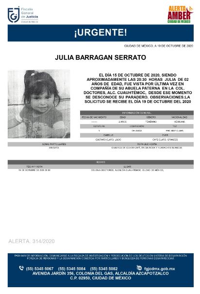 Activan Alerta Amber para localizar a Julia Barragan Serrato. 