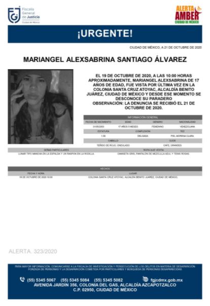 Activan Alerta Amber para localizar a Mariangel Alexsabrina Santiago Álvarez