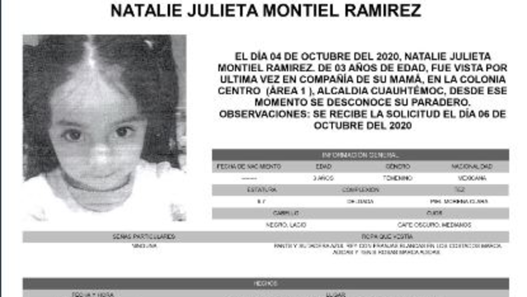 Activan Alerta Amber para localizar a Natalie Julieta Montiel Ramírez. (Foto: @FiscaliaCDMX)