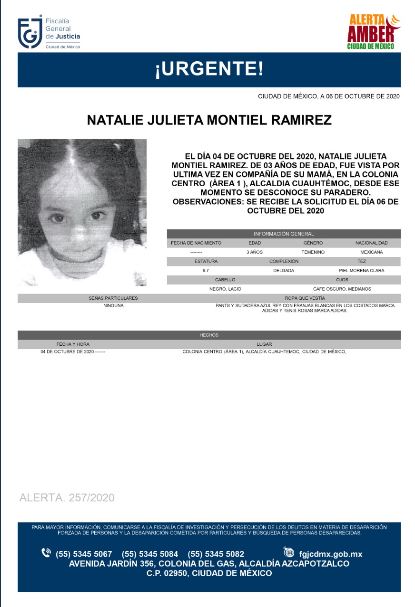 Activan Alerta Amber para localizar a Natalie Julieta Montiel Ramírez