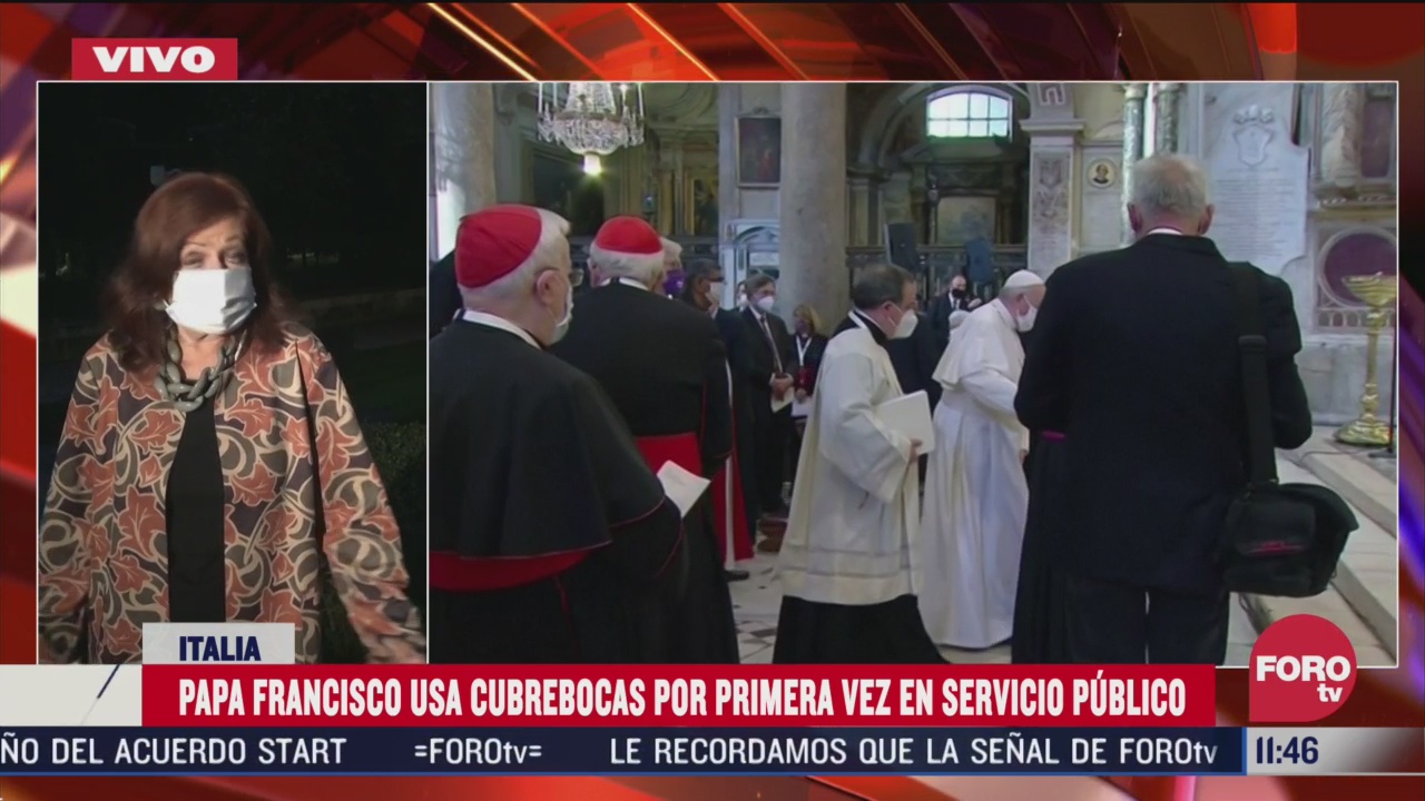 papa francisco usa cubrebocas por primera vez en servicio publico