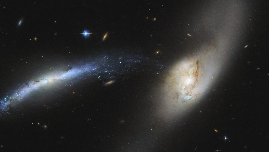 El telescopio Hubble capturó una imagen en la que la galaxia NGC 2799 aparentemente está siendo empujada hacia el centro de NGC 2798