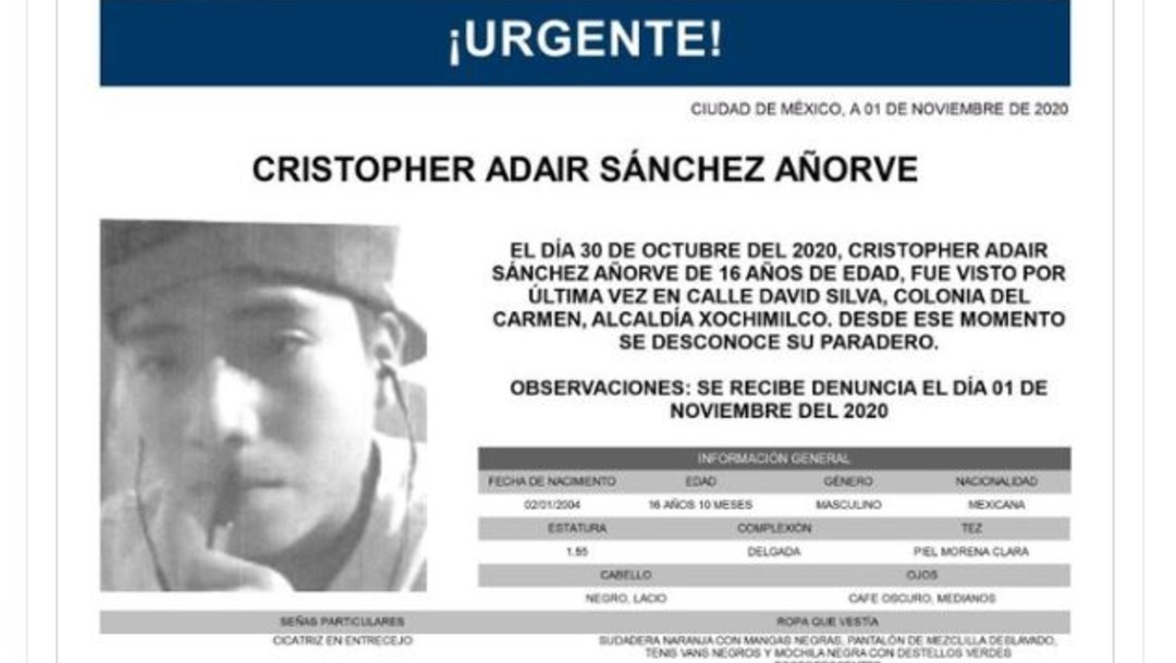 Activan Alerta Amber para localizar a Cristopher Adair Sánchez Añorve