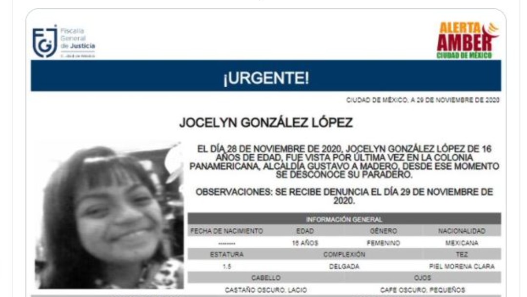 Activan Alerta Amber para localizar a Jocelyn González López