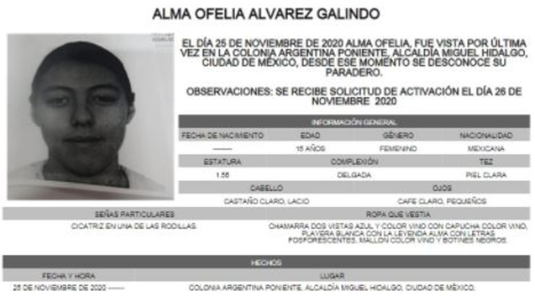 Activan Alerta Amber para localizar a Alma Ofelia Álvarez Galindo. (Foto:@FiscaliaCDMX)