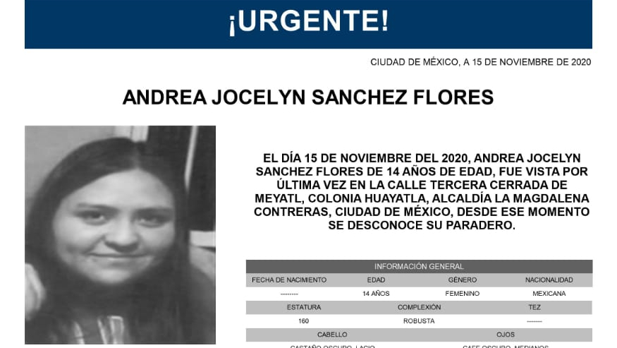 Activan Alerta Amber para localizar a Andrea Jocelyn Sánchez Flores