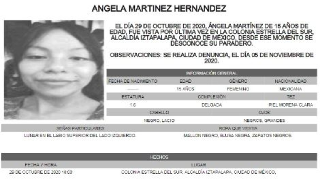 Activan Alerta Amber para localizar a Ángela Martínez Hernández