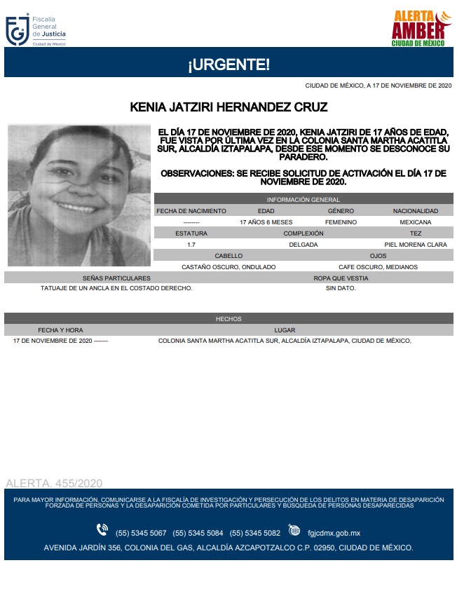 Activan Alerta Amber para localizar a Kenia Jatziri Hernández Cruz
