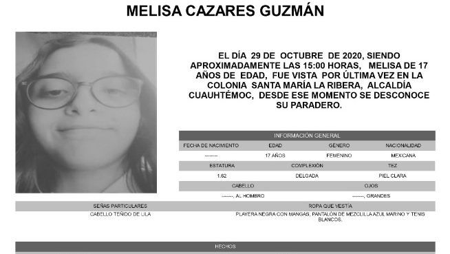 Activan Alerta Amber para localizar a Melisa Cazares Guzmán