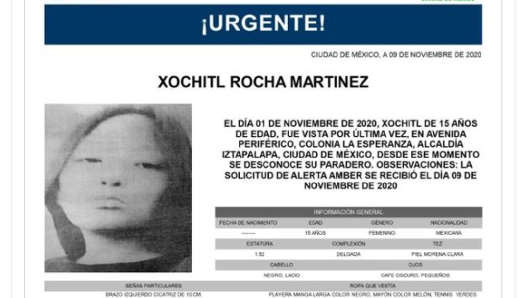 Activan Alerta Amber para localizar a Xochitl Rocha Martínez. (@FiscaliaCDMX)