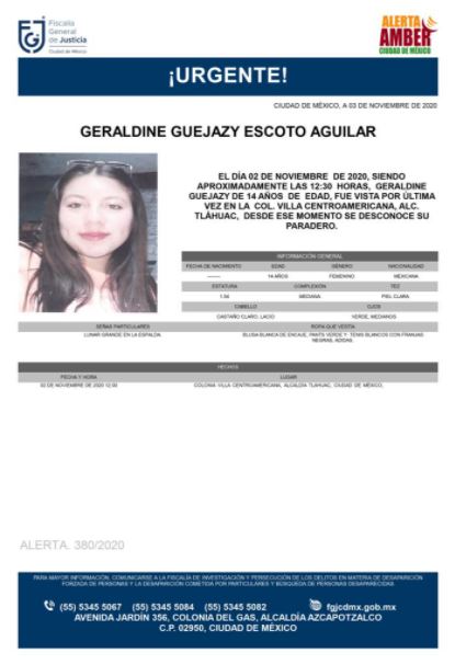 Activan Alerta Amber para localizar a Geraldine Guejazy Escoto Aguilar