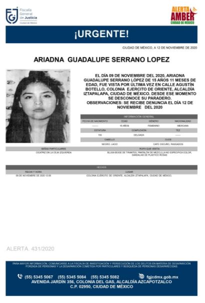 Activan Alerta Amber para localizar a Ariadna Guadalupe Serrano López