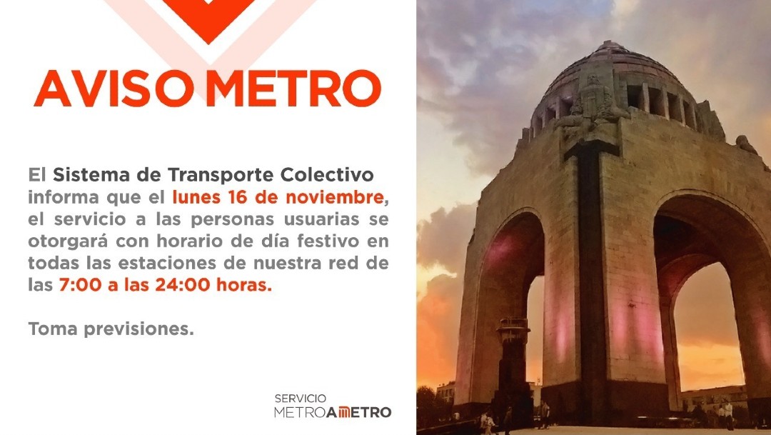 Metro de CDMX tendrá horario de día festivo el lunes 16 de noviembre
