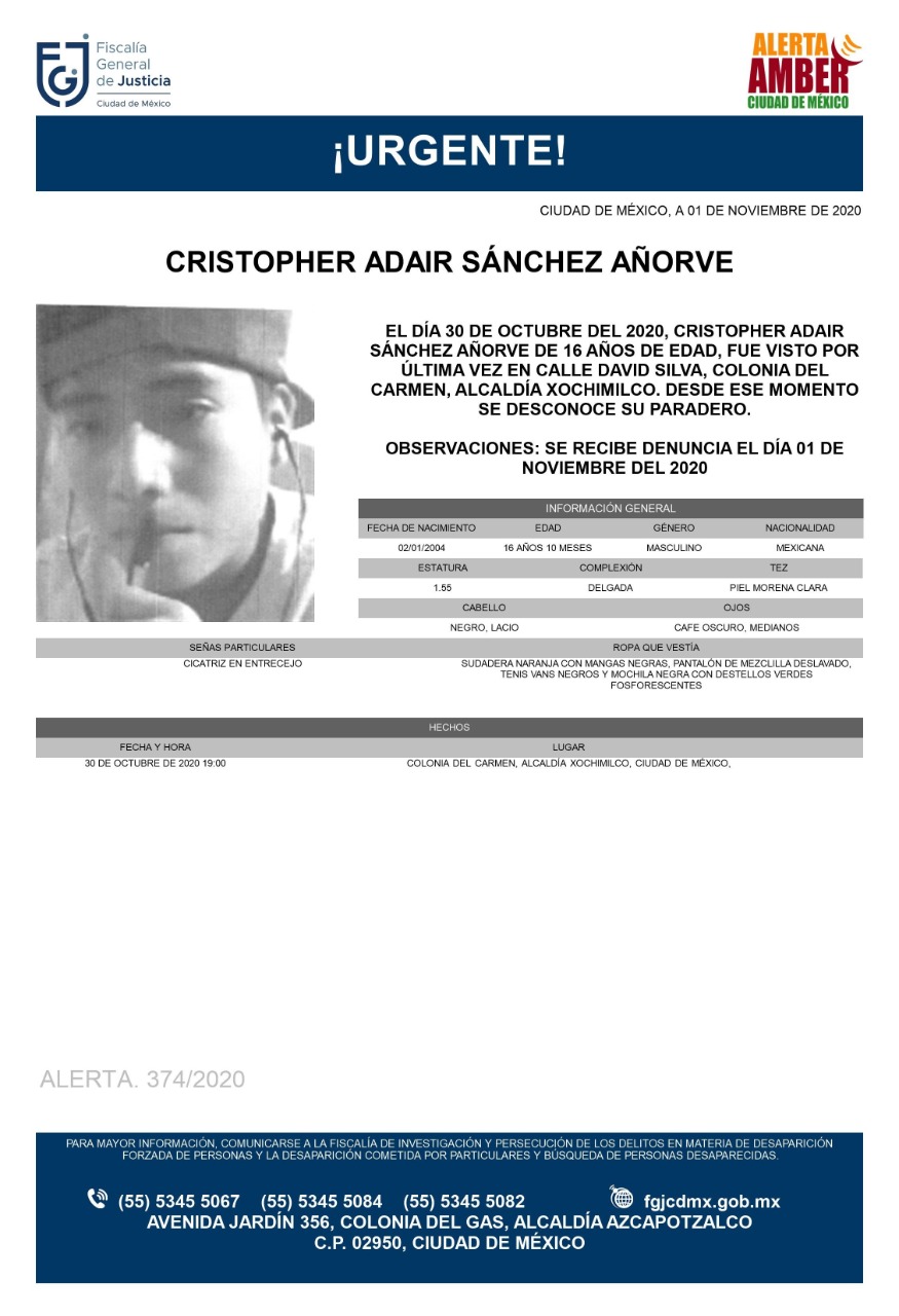 Activan Alerta Amber para localizar a Cristopher Adair Sánchez Añorve, de 16 años