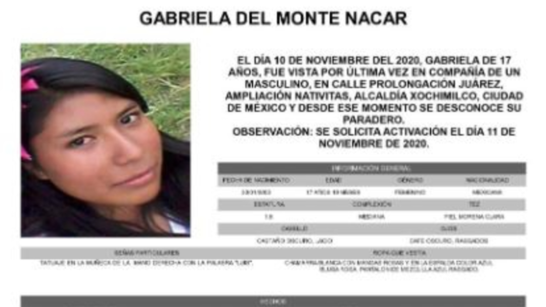 Activan Alerta Amber para localizar a Gabriela Del Monte Nacar