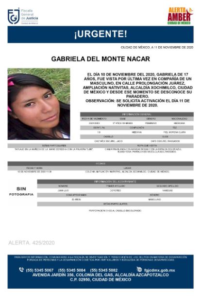 Activan Alerta Amber para localizar a Gabriela Del Monte Nacar. (Foto: @FiscaliaCDMX)