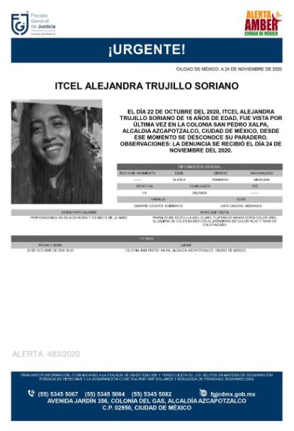Activan Alerta Amber para localizar a Itcel Alejandra Trujillo Soriano.