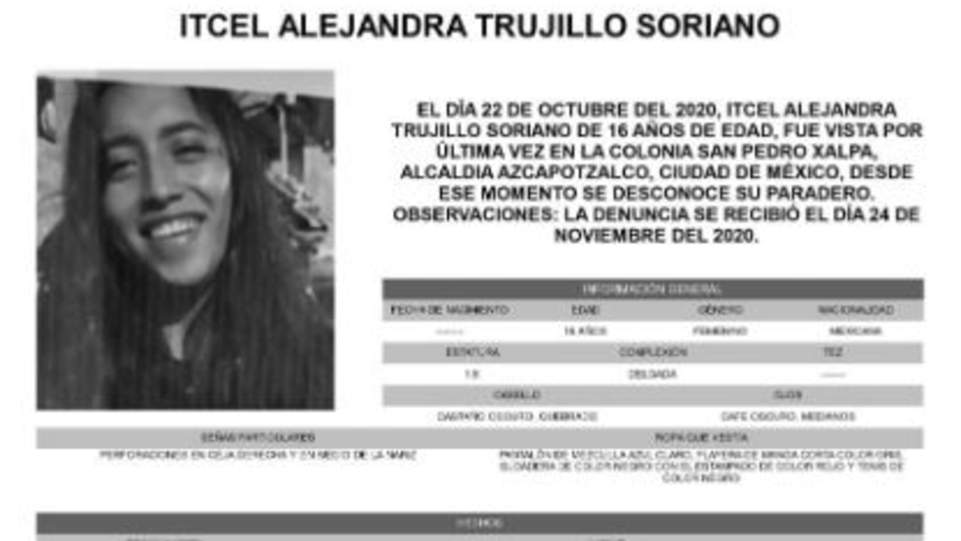 Activan Alerta Amber para localizar a Itcel Alejandra Trujillo Soriano
