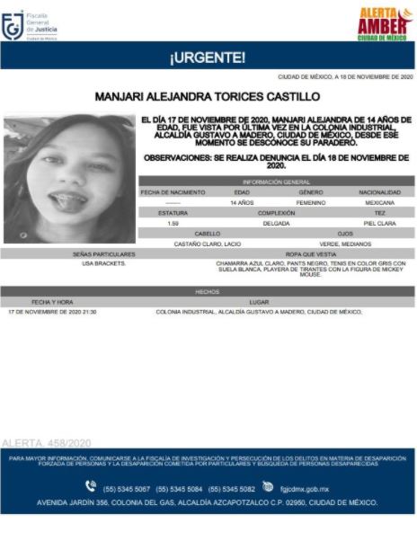 Activan Alerta Amber para localizar a Manjari Alejandra Torices Castillo. (Foto: @FiscaliaCDMX)