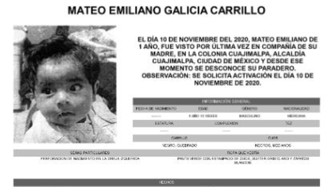 Activan Alerta Amber para localizar a Mateo Emiliano Galicia Carrillo