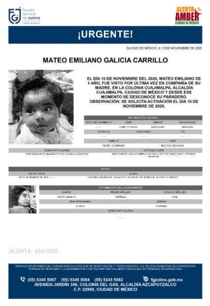 Activan Alerta Amber para localizar a Mateo Emiliano Galicia Carrillo