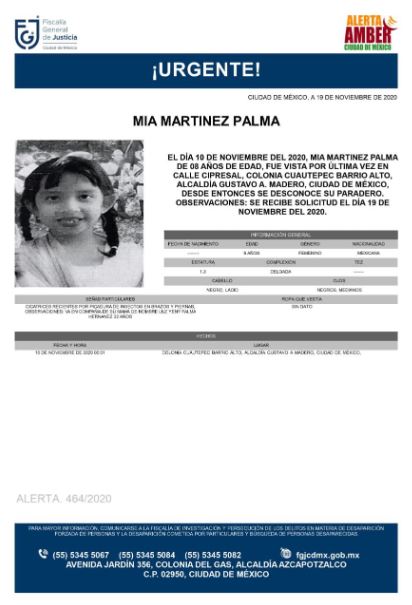 Activan Alerta Amber para localizar a Mia Martinez Palma. (Foto: @FiscaliaCDMX)