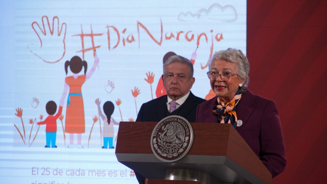 Olga Sánchez Cordero durante la conferencia de prensa del presidente López Obrador