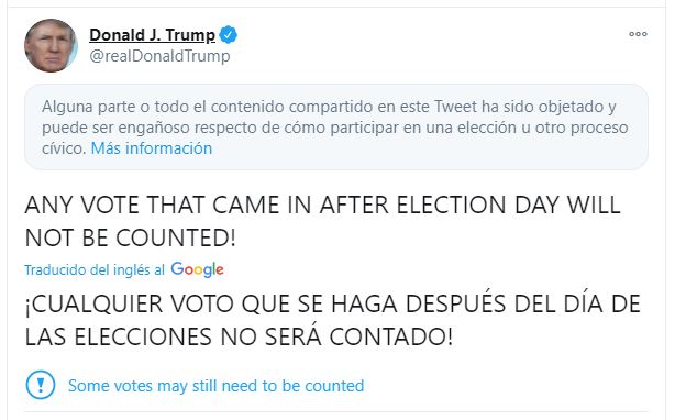 Tuit de Trump sobre conteo de votos