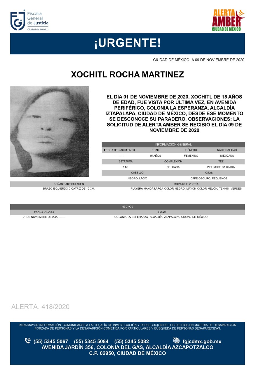 Activan Alerta Amber para localizar a Xochitl Rocha Martínez