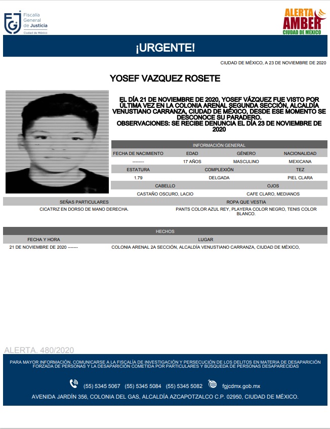 Activan Alerta Amber para localizar a Yosef Vázquez Rosete, de 17 años