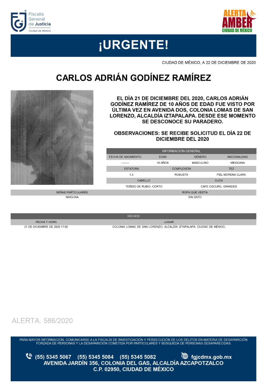 Activan Alerta Amber para localizar a Carlos Adrián Godínez Ramírez