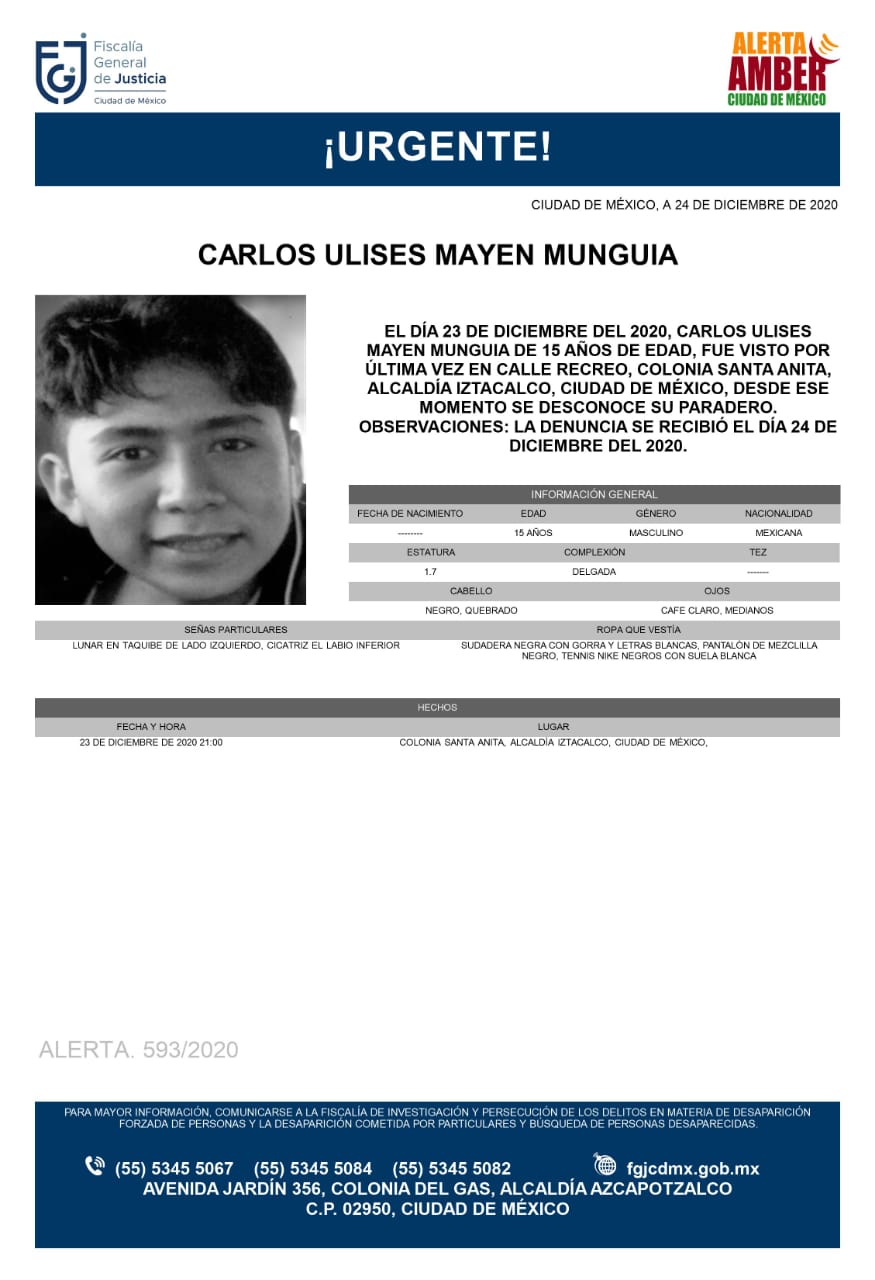 Activan Alerta Amber para localizar a Carlos Ulises Mayen Munguía