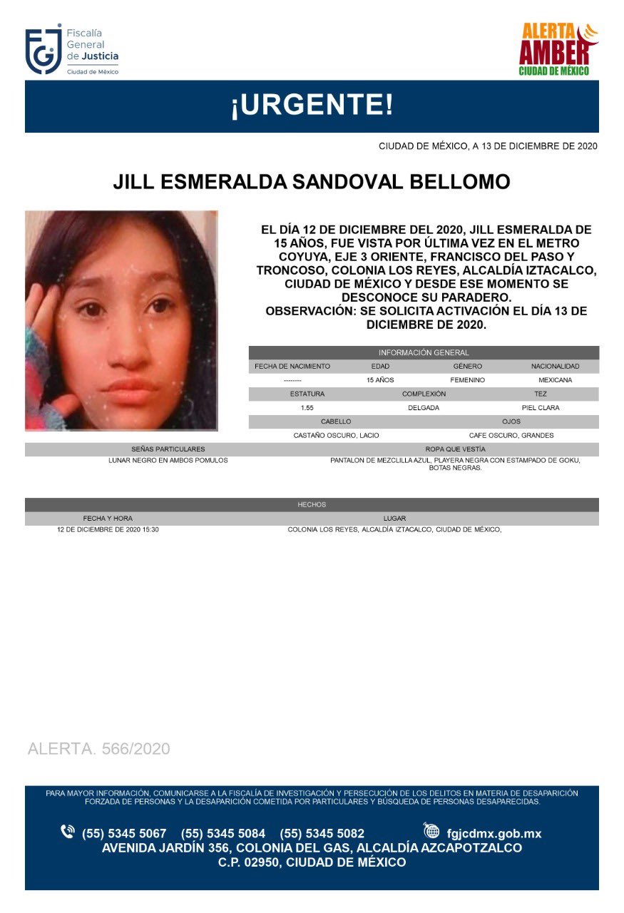 Activan Alerta Amber para localizar a Jill Esmeralda Sandoval Bellomo