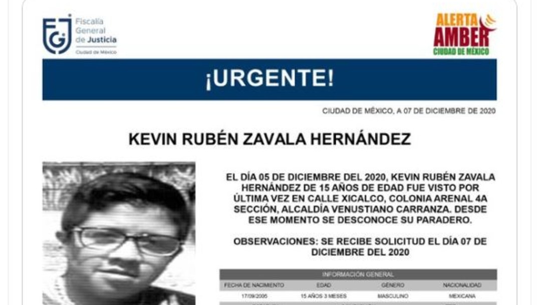 Activan Alerta Amber para localizar a Kevin Rubén Zavala Hernández