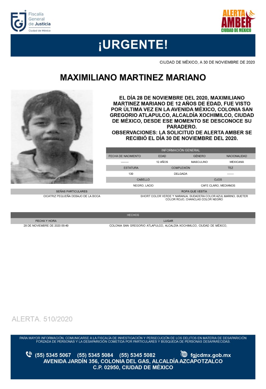 Activan Alerta Amber para localizar a Maximiliano Martínez Mariano
