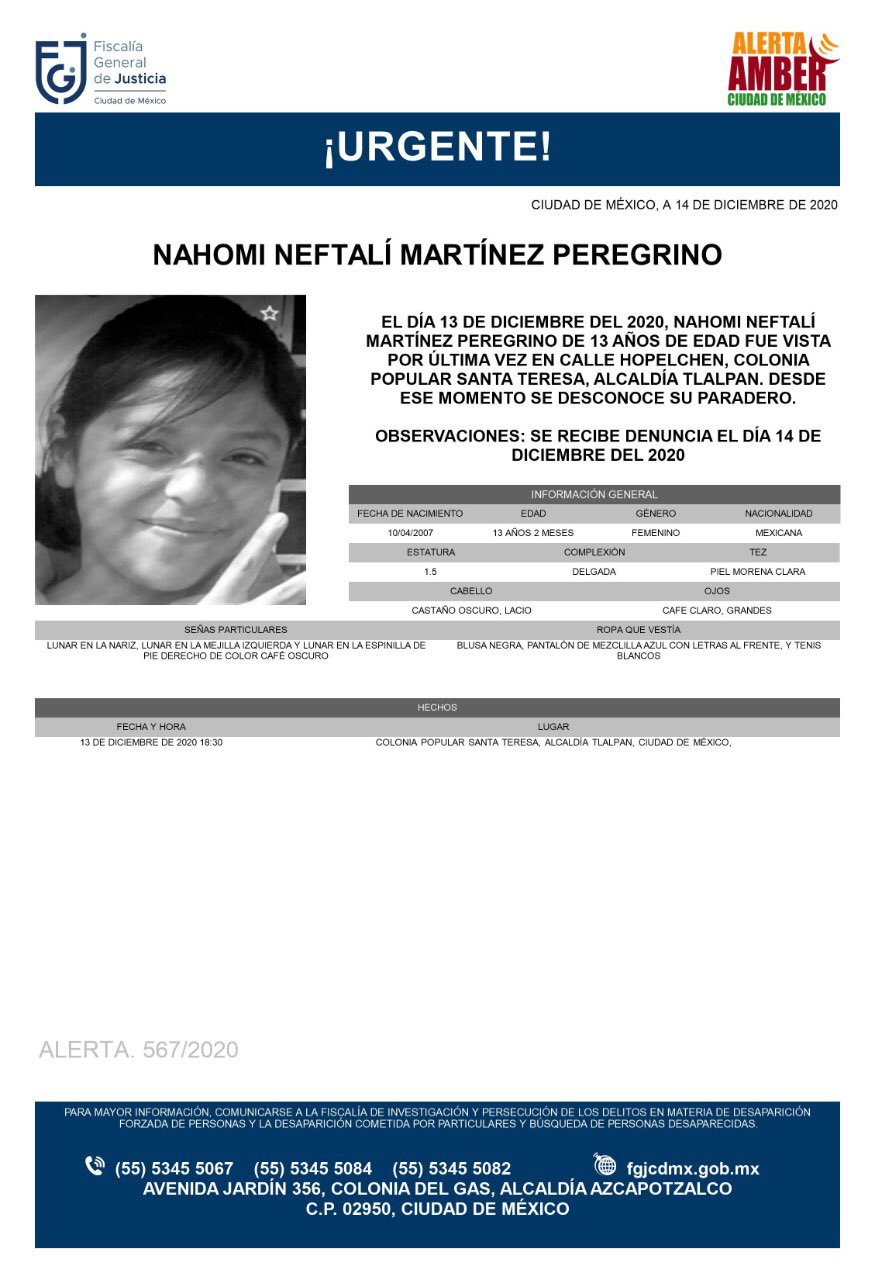 Activan Alerta Amber para localizar a Nahomi Neftalí Martínez Peregrino