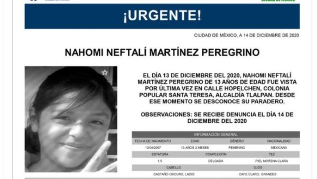 Activan Alerta Amber para localizar a Nahomi Neftalí Martínez Peregrino
