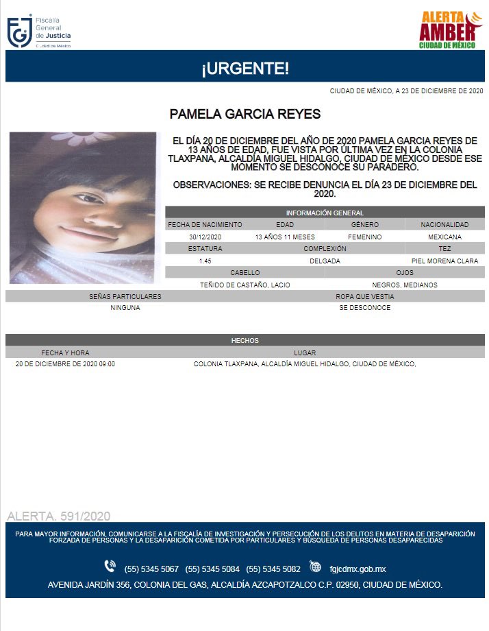 Activan Alerta Amber para localizar a Pamela García Reyes