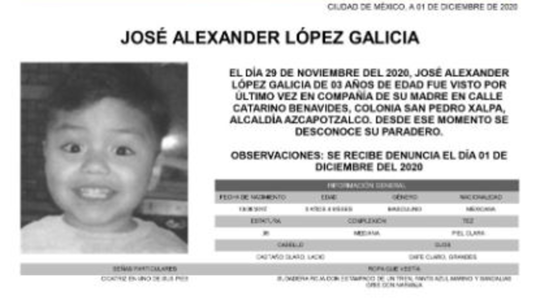 Activan Alerta Amber para localizar a José Alexander López Galicia