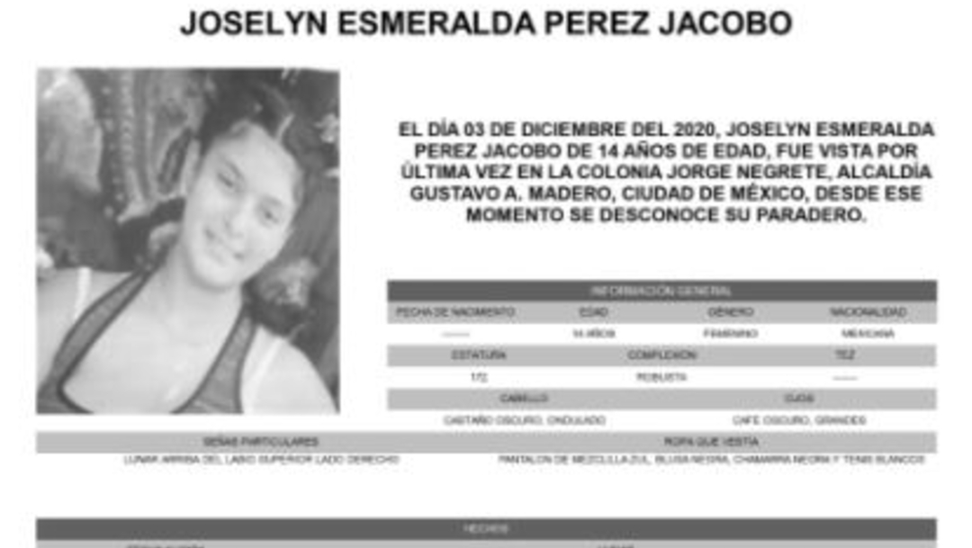 Activan Alerta Amber para localizar a Joselyn Esmeralda Pérez Jacobo