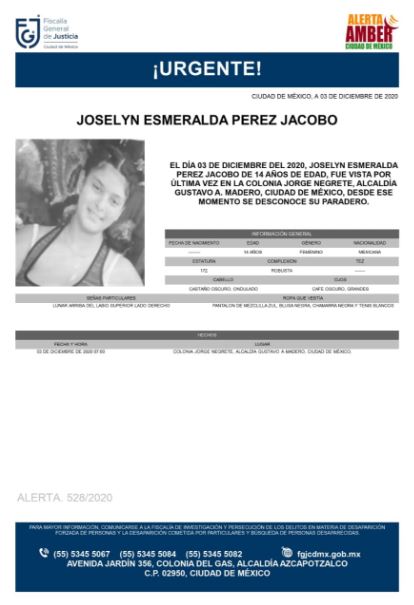 Activan Alerta Amber para localizar a Joselyn Esmeralda Pérez Jacobo. 