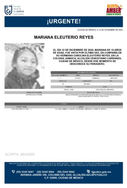 Activan Alerta Amber para localizar a Mariana Eleuterio Reyes. 