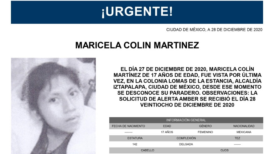 Activan Alerta Amber para localizar a Maricela Colín Martínez