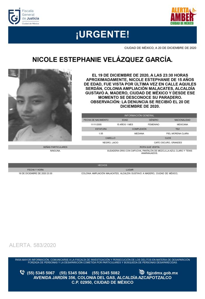 Activan Alerta Amber para localizar a Nicole Estephanie Velázquez García