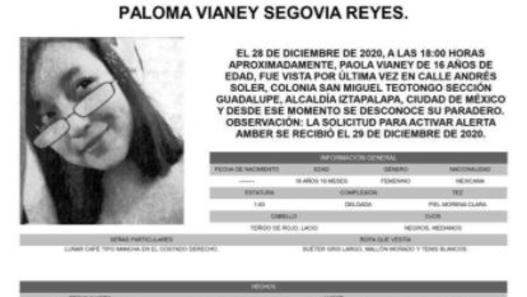 Activan Alerta Amber para localizar a Paloma Vianey Segovia Reyes