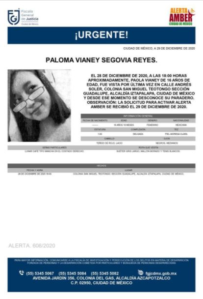 Activan Alerta Amber para localizar a Paloma Vianey Segovia Reyes. (Foto: @FiscaliaCDMX)