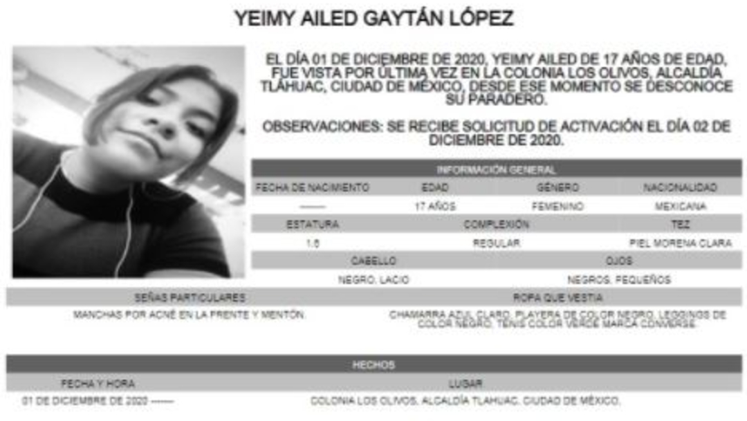 Activan Alerta Amber para localizar a Yeimy Ailed Gaytán López