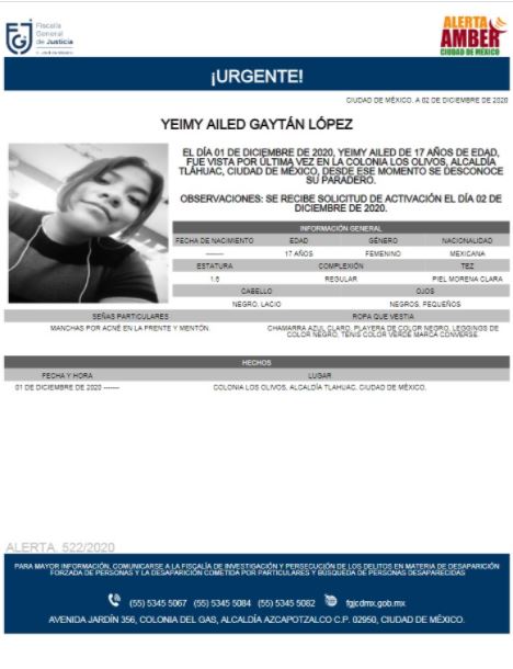 Activan Alerta Amber para localizar a Yeimy Ailed Gaytán López