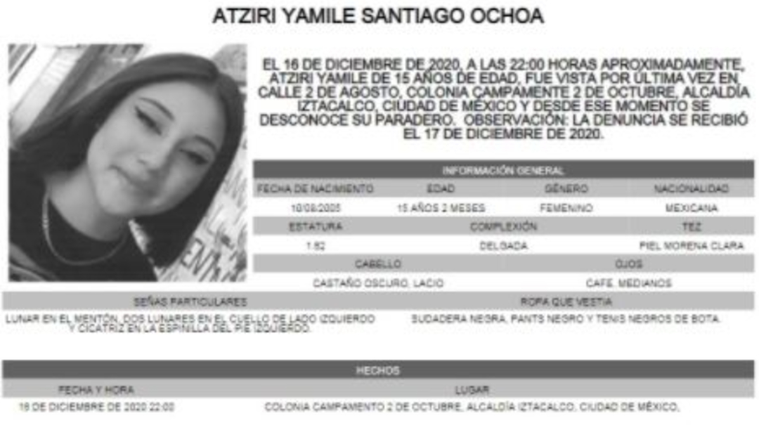 Activan Alerta Amber para localizar a Atziri Yamile Santiago Ochoa.