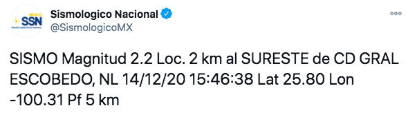 El Sismológico Nacional reporta sismo magnitud 2.2 en Ciudad General Escobedo, Nuevo León